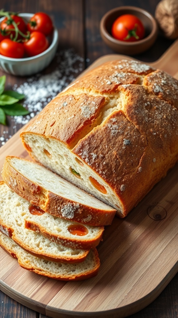 A loaf of tomato bread with a golden crust and soft interior, sliced on a wooden board with cherry tomatoes.